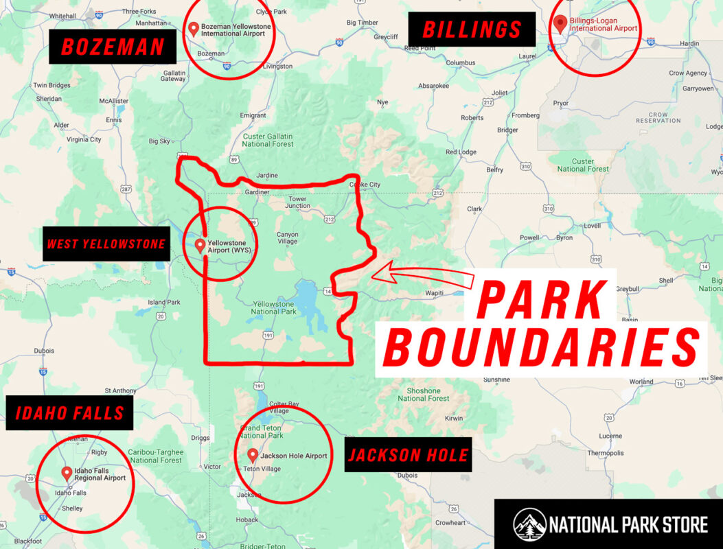 map of closest airports to yellowstone national park